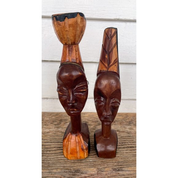 Vintage MCM African Carved Wood Head Busts Woman Man Wire Jewelry - Picture 15 of 15